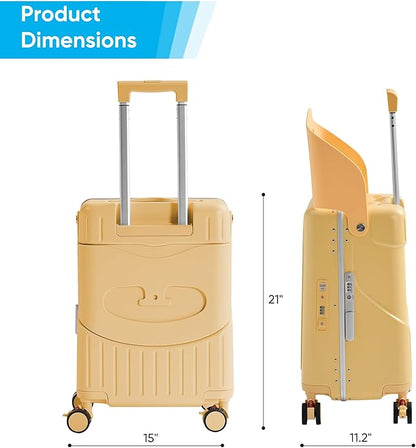 20 Inch Ride on Luggage With Seat For Kids&Adults,with Front Pocket, Foldable Seat Back TSA Approved Lock, 360° Spinner Wheels(20 inch,Yellow)