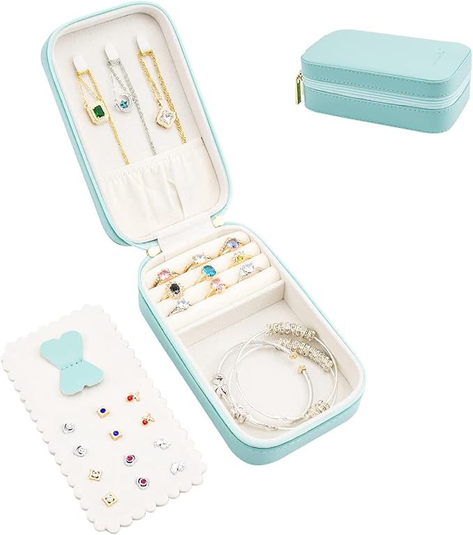 Small Travel Jewelry Organizers Box for women with PU Leather Portable Mini Jewelry Case with compartments for Necklace Rings Earrings,Luxury Giftable boxes. (Lake Blue, M)