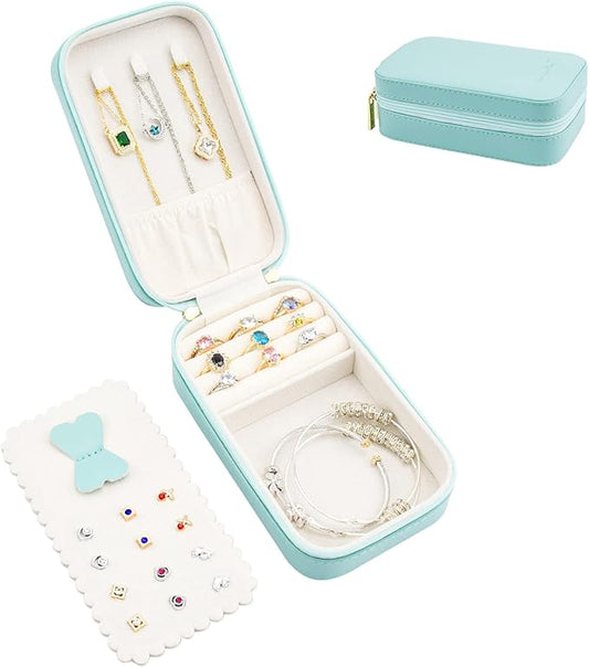 Small Travel Jewelry Organizers Box for women with PU Leather Portable Mini Jewelry Case with compartments for Necklace Rings Earrings,Luxury Giftable boxes. (Lake Blue, M)