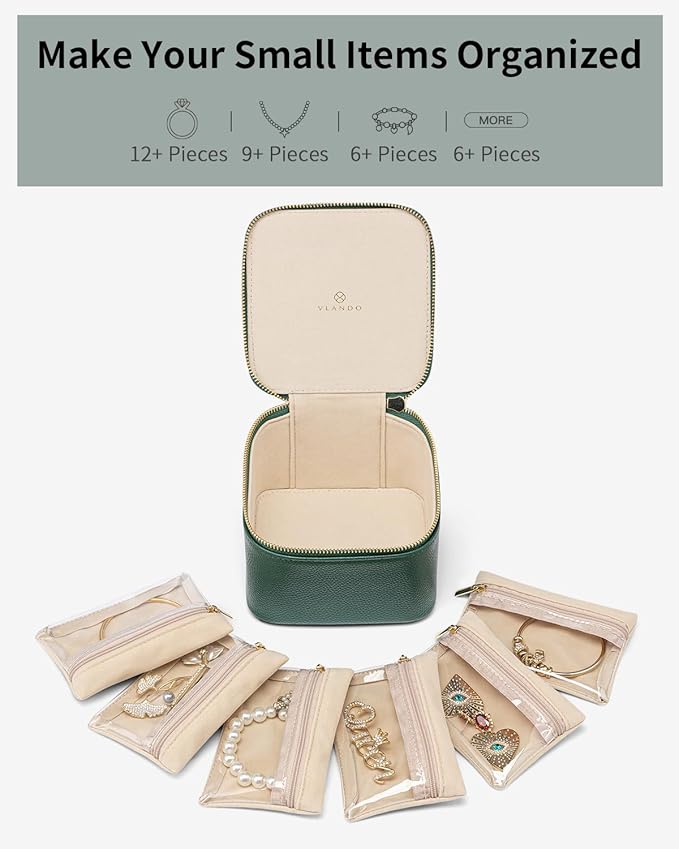 Vlando Gifts for Teachers,Travel Jewelry Box with 6 Velvet Jewelry Zipper Pockets Jewelry Case Premium Petal Hardware Travel Jewelry Organizer Graduation Gifts (Green)