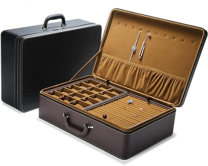 Jewelry Trays stacks Carriable with Handle Zipper Box Organizer Faux-Leather Accessory Case Storage(L6 Layers)