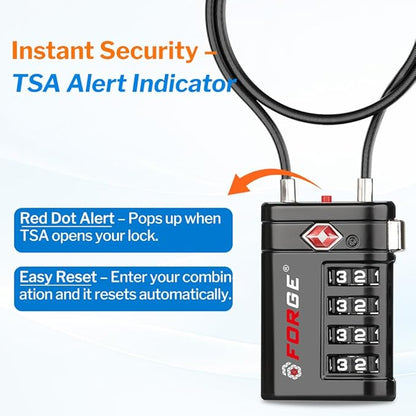 Forge TSA Approved Luggage Locks 4 Digit Combination TSA Travel Locks with TSA008, Open Alert Indicator, Zinc Alloy Body for Luggage, Suitcase, Backpack, and More. 2 15'' Cable Locks.