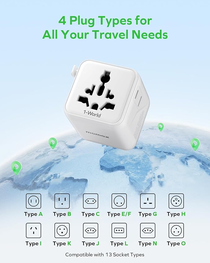 MOMAX Mini Universal Travel Adapter Worldwide, 2 AC, All European Travel Plug Adapter UK, Travel Essentials for US to Europe Adaptor, All-in-One Wall Charger for AUS JP (No USB Port)