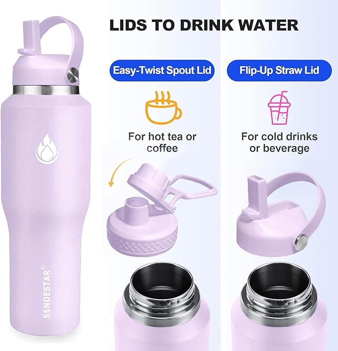 SENDESTAR 40oz Water Bottle Wide Mouth Stainless Steel Vacuum Insulated Double Wall with Straw Lids Fit in Any Car Cup Holder