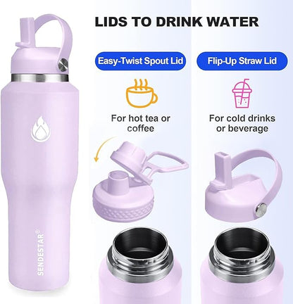 SENDESTAR 40oz Water Bottle Wide Mouth Stainless Steel Vacuum Insulated Double Wall with Straw Lids Fit in Any Car Cup Holder