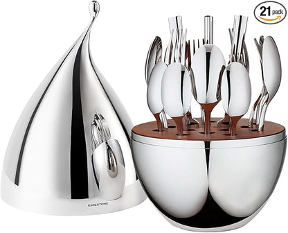KINGSTONE Silverware Set with Waterdrop Storage Organizer, 20-Piece Forged Flatware Cutlery Set in Gift Box, Premium Stainless Stee Service for 4, Mirror Polished, Ideal for Kitchen, Wedding, Gift