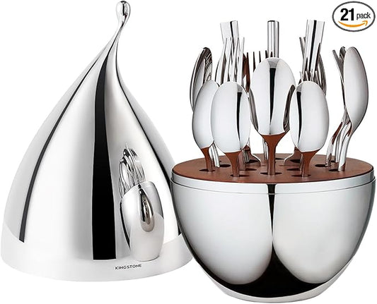 KINGSTONE Silverware Set with Waterdrop Storage Organizer, 20-Piece Forged Flatware Cutlery Set in Gift Box, Premium Stainless Stee Service for 4, Mirror Polished, Ideal for Kitchen, Wedding, Gift
