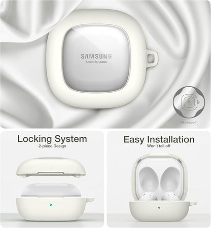 SURITCH for Samsung Galaxy Buds 2 Pro Case(2022)/Galaxy Buds 2 Case(2021)/Galaxy Buds Live Case(2020)/Galaxy Buds Pro Case(2021) Hard Clear PC Shockproof TPU White Cover with Silver Carabiner