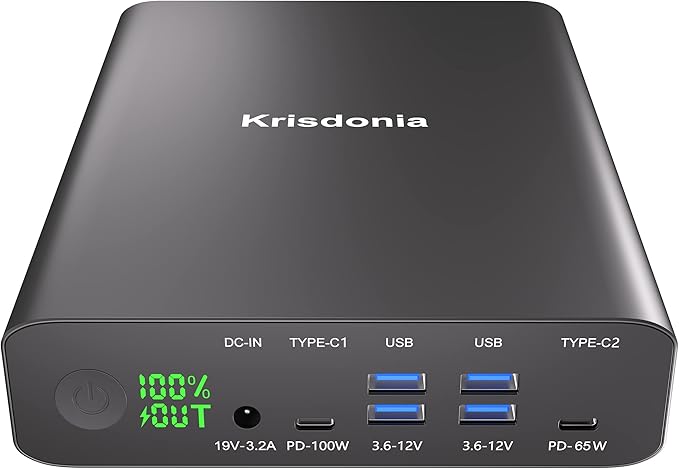 Krisdonia Portable Charger, PD 100W USB C Power Bank 64000mAh Fast Charging External Battery Pack with Dual USB-C PD (100W&65W) & 4 USB-A (QC3.0 18W) for Type-C Laptops, MacBook Pros, XPS, iPad Pro
