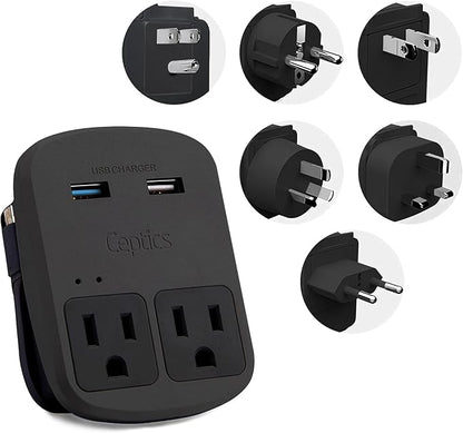 Ceptics World Travel Adapter Kit - QC 3.0 Dual USB + Dual US Outlets, Surge Protection, Perfect For Europe, UK, China, Australia, Japan, Perfect For Laptop, Cell Phones, Cameras - Safe ETL - Black