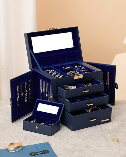 Homde 2 IN 1 Jewelry Box for Women Girls with Small Travel Case Mirror Necklace Ring Earrings Organizer - Christmas Gifts (Dark Blue + Gold)
