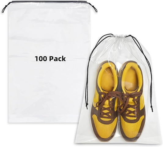 100 Pack Clear Shoe Bags for Travel, 12"x18" Large Travel Shoe Bags for Storage and Packing, Waterproof Drawstring Shoe Bag for Traveling, Bulk Travel Essentials for Men and Women