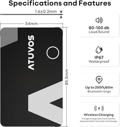 [Apple MFi Certified] ATUVOS Rechargeable Wallet Card, Ultra-Thin 1.6mm Blueooth Air Tag Tracker Works with Apple Find My (iOS Only), Item Locator for Passport, Luggage, IP67 Waterproof, 2 Pack