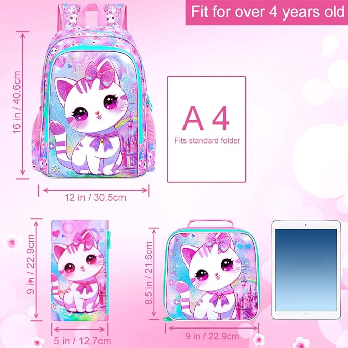 WZLVO 3PCS Cat Backpack for Girls, 16'' Kids Preschool Bookbag with Lunch Box, Cute Animal Water Resistant School Bag for Elementary Kindergarten Toddler