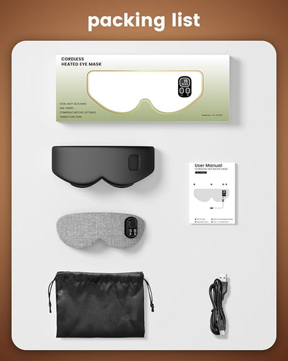 Heated Eye Mask - Cordless Eye Mask for Dry Eyes, Eye Relief, Improved Sleep, Timed Shutdown, 4 Temperature, Washable Eye Heating Pad for Travel, Removable for Cleaning - Black