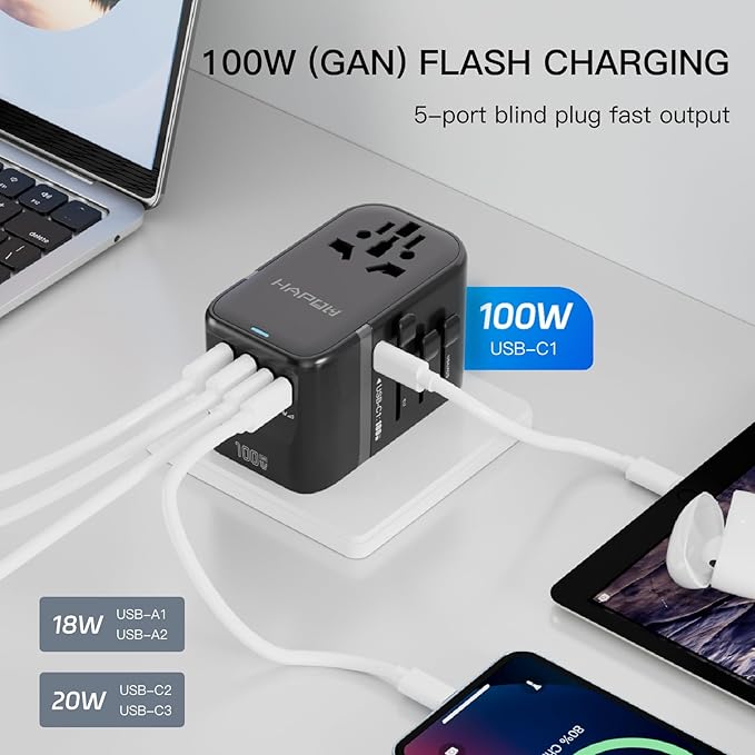 Universal Travel Adapter, PD100W International Power Adapter,3 USB-C & 2 USB-A Fast Charging Travel Charger, All in One Worldwide Travel Plug Adapter, Outlet Adapter for EU UK USA AU, Black