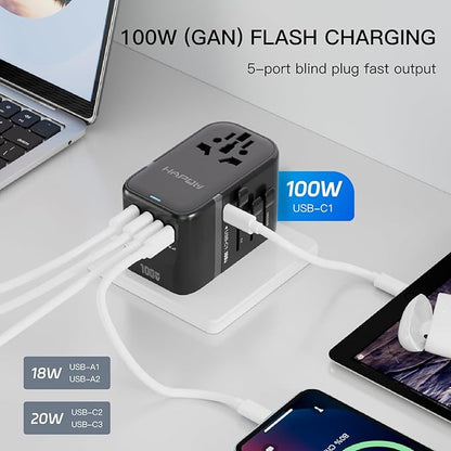 Universal Travel Adapter, PD100W International Power Adapter,3 USB-C & 2 USB-A Fast Charging Travel Charger, All in One Worldwide Travel Plug Adapter, Outlet Adapter for EU UK USA AU, Black