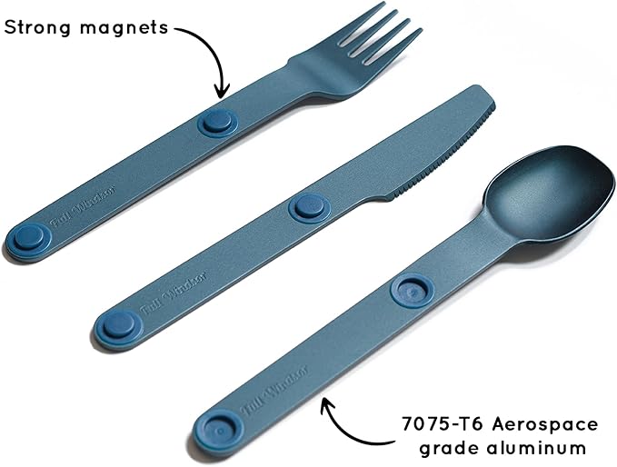 FULL WINDSOR - MAGWARE Magnetic Camping Cutlery Set - Travel Utensils for Camping, Cooking, and Outdoor Dining - Knife, Fork & Spoon - Portable Silverware with Pouch - Blue (3 PCS)