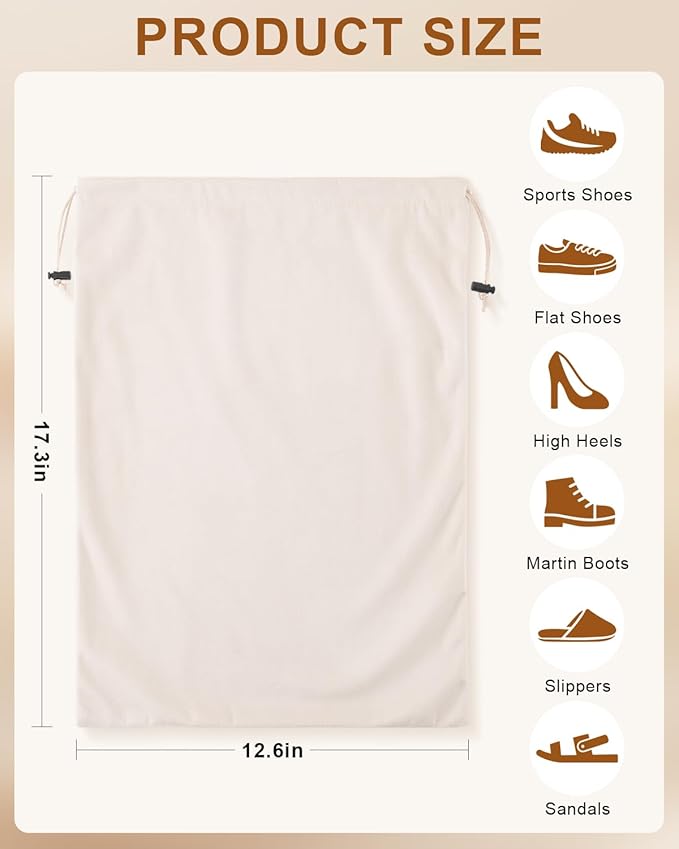 FantasyLife Shoe Bags for Travel, Washable Dust Bags for Storage & Packing, Flannel Shoe Pouch with Drawstring Closure for Purses, Handbags, Shoes & Toys (4, Beige)