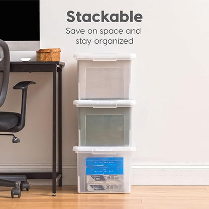 IRIS USA File Box, Plastic File Organizer with Lids for Letter/Legal File, Portable Document Box For Moving, Storage Bin with Durable and Secure Lid, Stackable Nestable BPA-Free, Black 35 Qt. 1 Pack