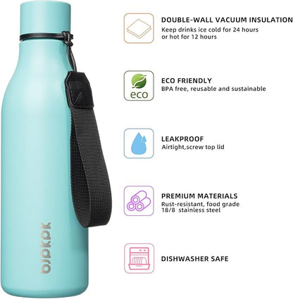 BJPKPK Insulated Water Bottles, 18 oz Stainless Steel Metal Water Bottle with Strap, BPA Free Leak Proof Jugs, Mugs, Flasks, Reusable Thermal Flasks for Sports & Travel, Turquoise