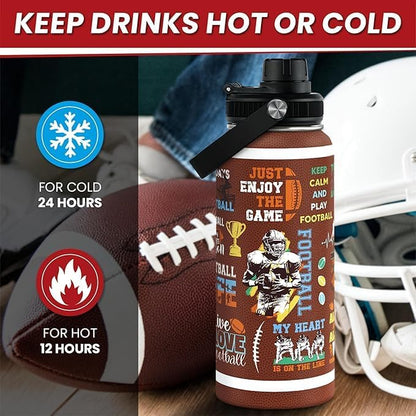 American Football Insulated Stainless Steel Water Bottle 32oz, Vacuum Chug Lid Travel Tumbler for Men Friends Dad Football Lovers Fans Coaches, Gift for Birthday Christmas Father's Day