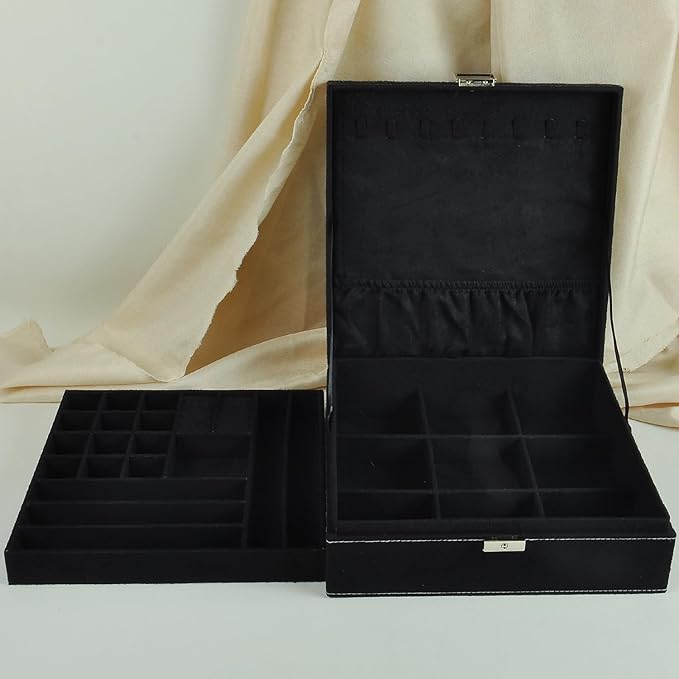 Jewelry Boxes 10 x 10 Inches 2-layer Handle Necklace Holder Organizer Jewellery Women Rings Storage Display Girls Earrings Case Lockable Jewelry Tray GY641 (Black)