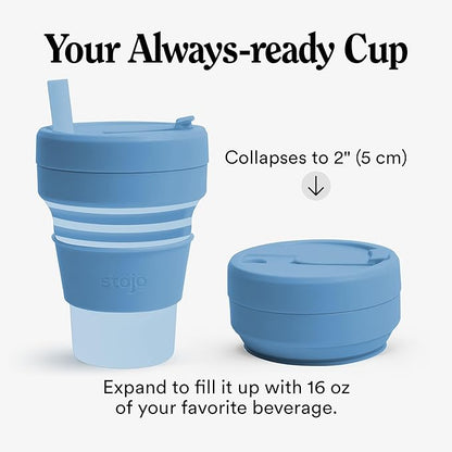 STOJO Collapsible Travel Cup - Reusable To-Go Pocket Size Silicone Bottle for Hot and Cold Drinks - Perfect for Camping - Microwave & Dishwasher Safe (Translucent Steel, 16 Ounce (Pack of 1))