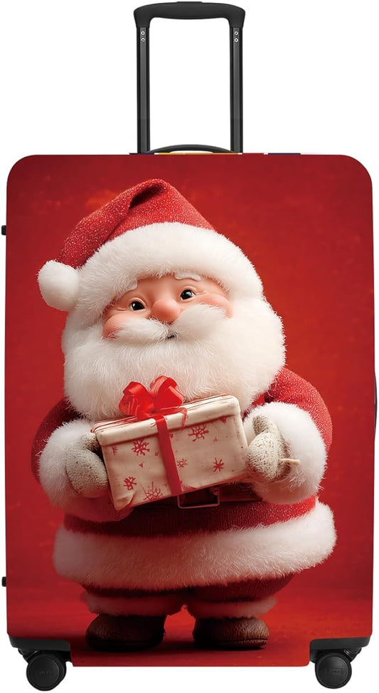 Doll Style Christmas Luggage Cover - 3D Santa Holding Present on Red Background, Unique Suitcase Protector for 28 30 Inch Bag