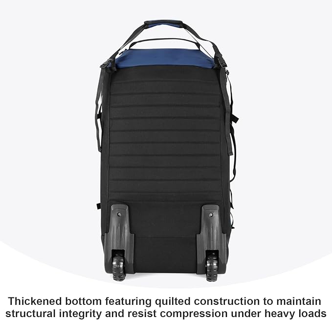 85L 29“ Foldable Rolling Backpack with Wheels, Soft-Side Travel Duffle Bag with Separate Shoe Compartment, Full Quilted Bottom, Navy Blue
