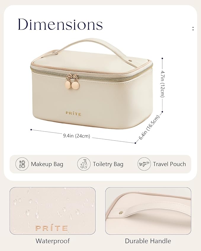 Prite Makeup Bag Portable Cosmetic Organizer with Brush Holder Waterproof Travel Toiletry Bag for Women with Handle and Divider (Beige)
