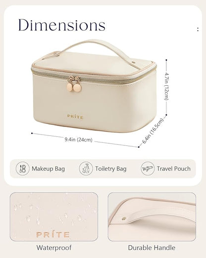 Prite Makeup Bag Portable Cosmetic Organizer with Brush Holder Waterproof Travel Toiletry Bag for Women with Handle and Divider (Beige)