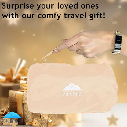 BlueHills Ultra Compact Travel Blanket Pillow for Airplane Traveling Essential Long Flight Trip Throw in Bag Portable Case Large Plane Accessories Beige - C007