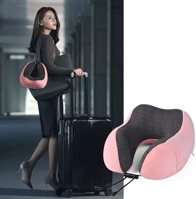Airplane Travel Neck Pillow, 100% Memory Foam Ergonomic Neck Support, Airplanes Neck Pillow with Washable Cover Travel Essential for Flight Car & Office Includes Eye Masks, Earplugs & Carry Bag (Pink)