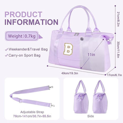 Dance Gym Duffel Bag for Teen Girls, Personalized Initial Travel Weekender Bag,Cute Overnight Carry On Duffle for Women,Sports Travel Cheer Bag,Monogram Christmas Gifts for Tween Preppy(purple-B)