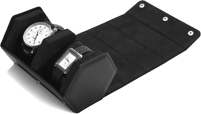 Oirlv Luxury Hexagonal Leather Watch Travel Case Watch Organizer Case for Men Portable Jewelry Storage Roll Organizer(2-Slot,Black)