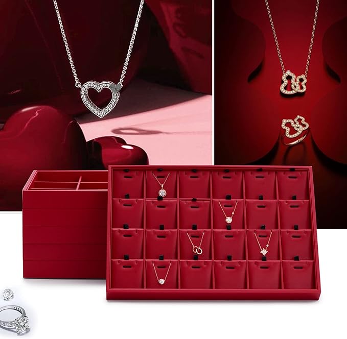 Oirlv Gorgeous Red Leather 24 Grid Jewelry Tray with Removable Inserts Jewelry Cards Stackable Necklace Trays Necklace Drawer Organizer