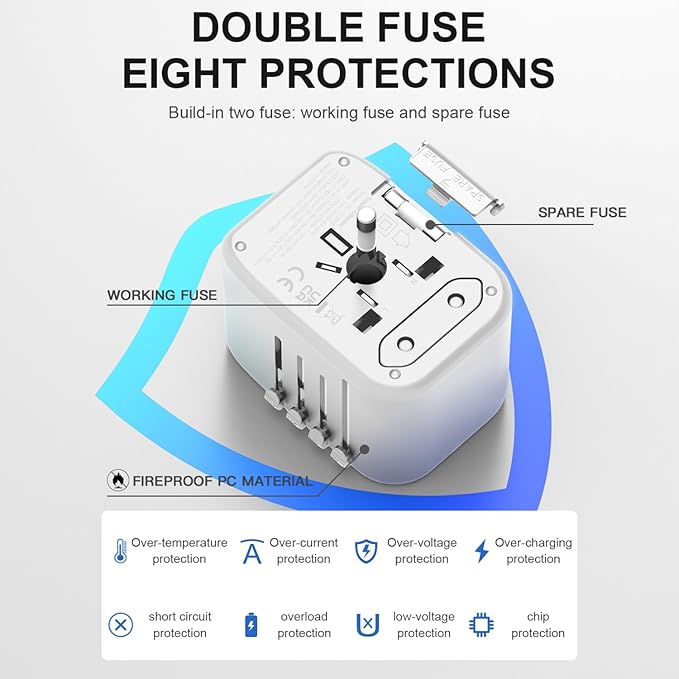 Universal Travel Adapter, PD20W International Power Adapter, 2 USB-C & 2 USB-A Fast Charging Travel Charger, All in One Worldwide Travel Plug Adapter, Outlet Adapter for EU UK USA AU, White