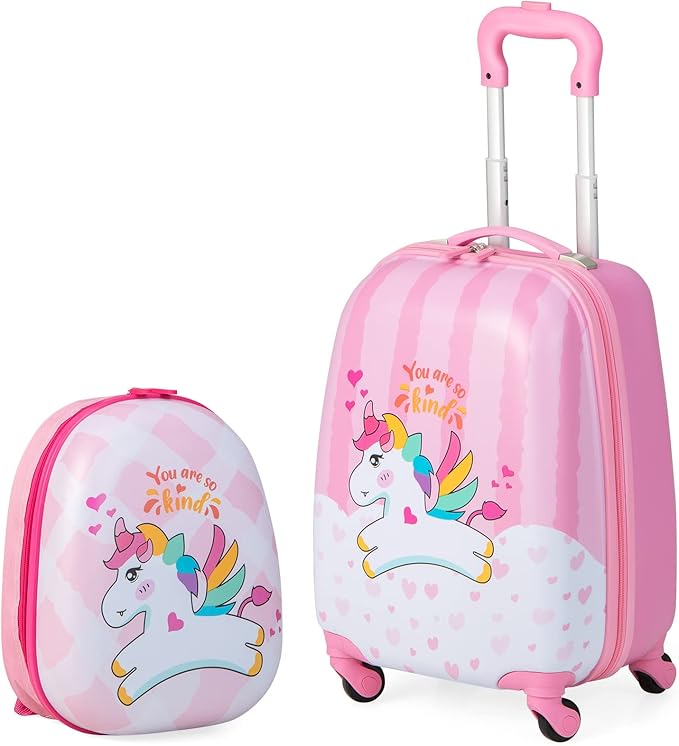 BABY JOY 2 Pcs Kids Luggage Set, 16" Carry-on Luggage Trolley Case & 12" Backpack w/Rolling Wheels, Retractable Handle, Lightweight Airline-approved Design, Kids Suitcase for Girls Boys (Lovely Pony)