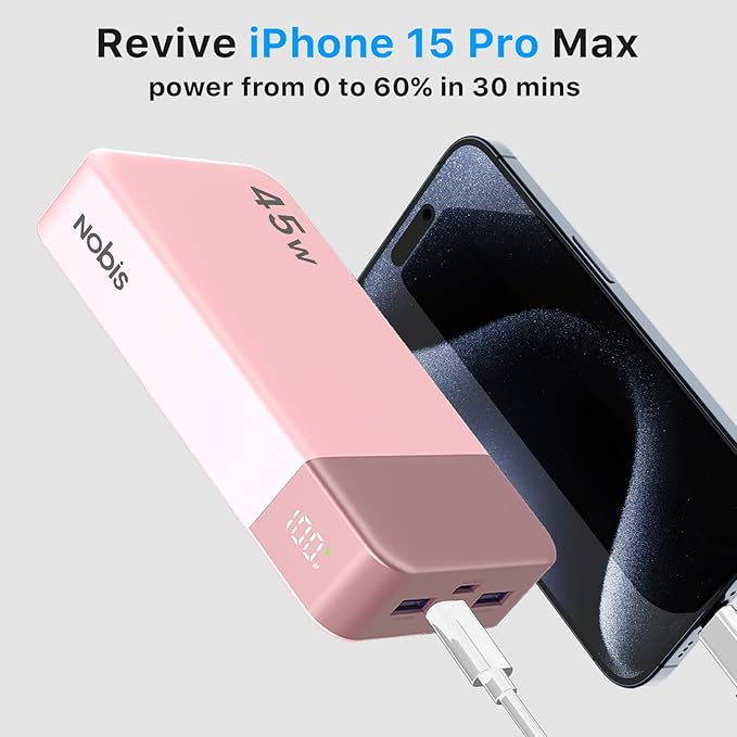 NOBIS Portable Charger, 20000mAh Power Bank, 45W Power Bank Fast Charging, Battery Pack with C to C Cable, Battery Bank with Digital Display for Phone Android Laptop etc (Pink)
