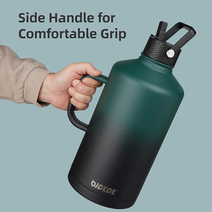 BJPKPK 2/3 Gallon Water Bottle Insulated with Straw Lid, 50oz, 64oz, 87oz, 128oz Large, Stainless Steel Water Bottles with 3 Lids and Paracord Strap, Double Wall Vacuum Metal Water Jug,Black