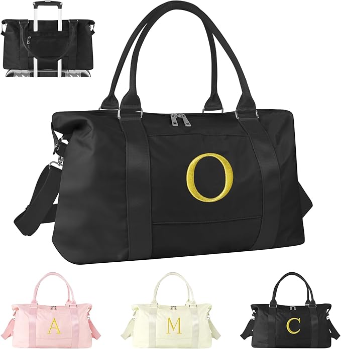 Personalized Initial Gym Dance Bag, Travel Duffel Bag for Teen Girls, Carry On Bag Overnight Weekender Bag with Trolley Sleeve, Birthday Gifts for Women Mom Daughter Graduation Gift(Letter O, Black)