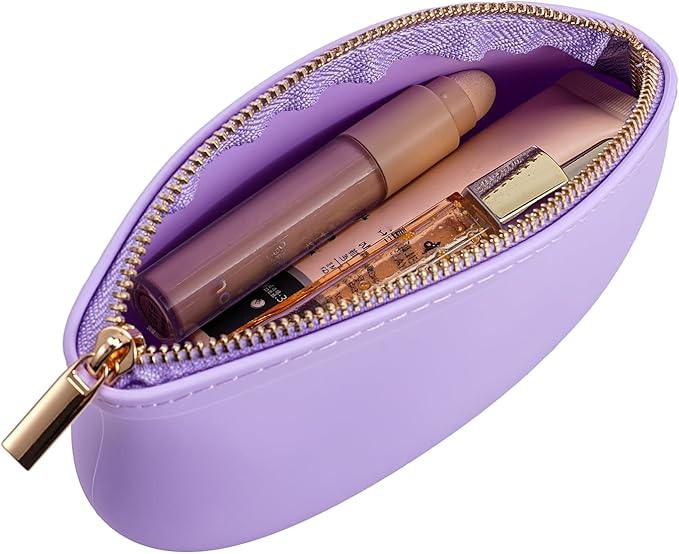 Small Silicone Makeup Bag Premium Purse Bag Multifunctional Essential Bag Zipper Pouch Water and Heat Resistant (Purple)