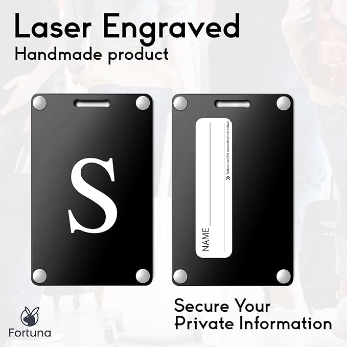 Premium 3-Layer Aluminum Luggage Tags by Fortuna - Easy to Claim, Laser-Engraved, Plastic-Free, and Eco-Friendly Luggage Tag Holders, 2-Pack, Black (S)