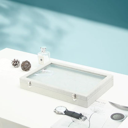 Coward Ring Organizer Jewelry Tray Box, Grey Beige Velvet 100 Slots Ring Display Tray Case with Transparent Glass Lid for Home Use or Store Selling Show