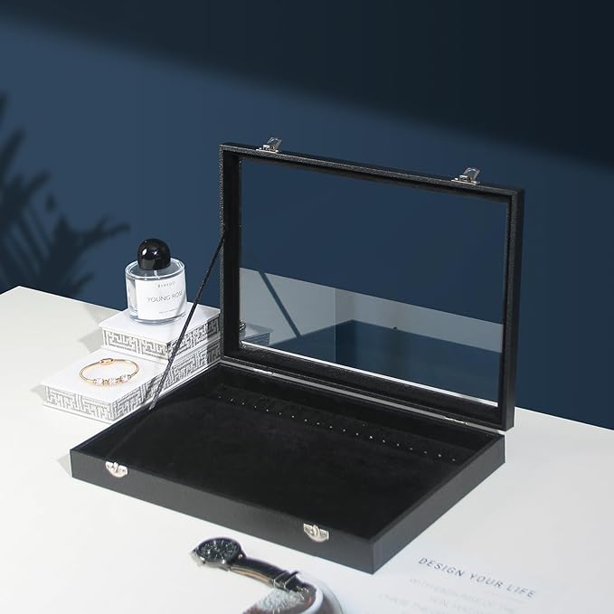 Coward 20 Hooks Necklace Organizer Jewelry Box, Dustproof Necklace Display Holder Case, Black Velvet Necklace Display Tray Case with Transparent Glass Lid for Home Use or Store Selling Show