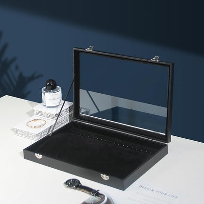 Coward 20 Hooks Necklace Organizer Jewelry Box, Dustproof Necklace Display Holder Case, Black Velvet Necklace Display Tray Case with Transparent Glass Lid for Home Use or Store Selling Show