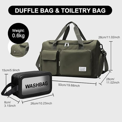 Gym Bag for Women Men, Travel Duffle Bag Large Capacity Carry On Weekender Bag With Shoe Compartment Gym Tote Dry Wet Separation Duffel Bag with Makeup Bag, Olive Green