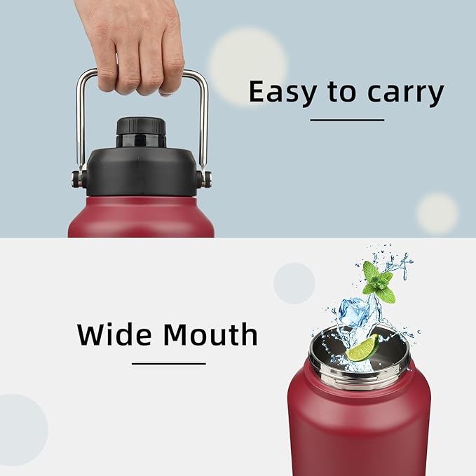 1 Gallon Jug with Handle,128 oz Insulated Water Bottle with Carrying Pouch, Double Wall Vacuum Stainless Steel Metal Bottle,Dark red