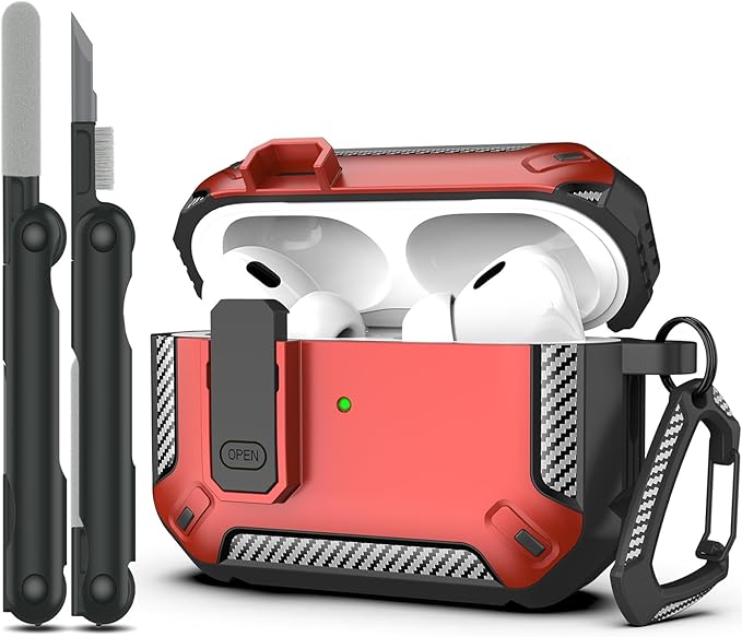 RFUNGUANGO for AirPods Pro 2nd Generation Case Cover with Cleaner Kit, Military Hard Shell Protective Armor with Lock for AirPod Gen 2 Charging Case2023, 2022, Front LED Visible,Red